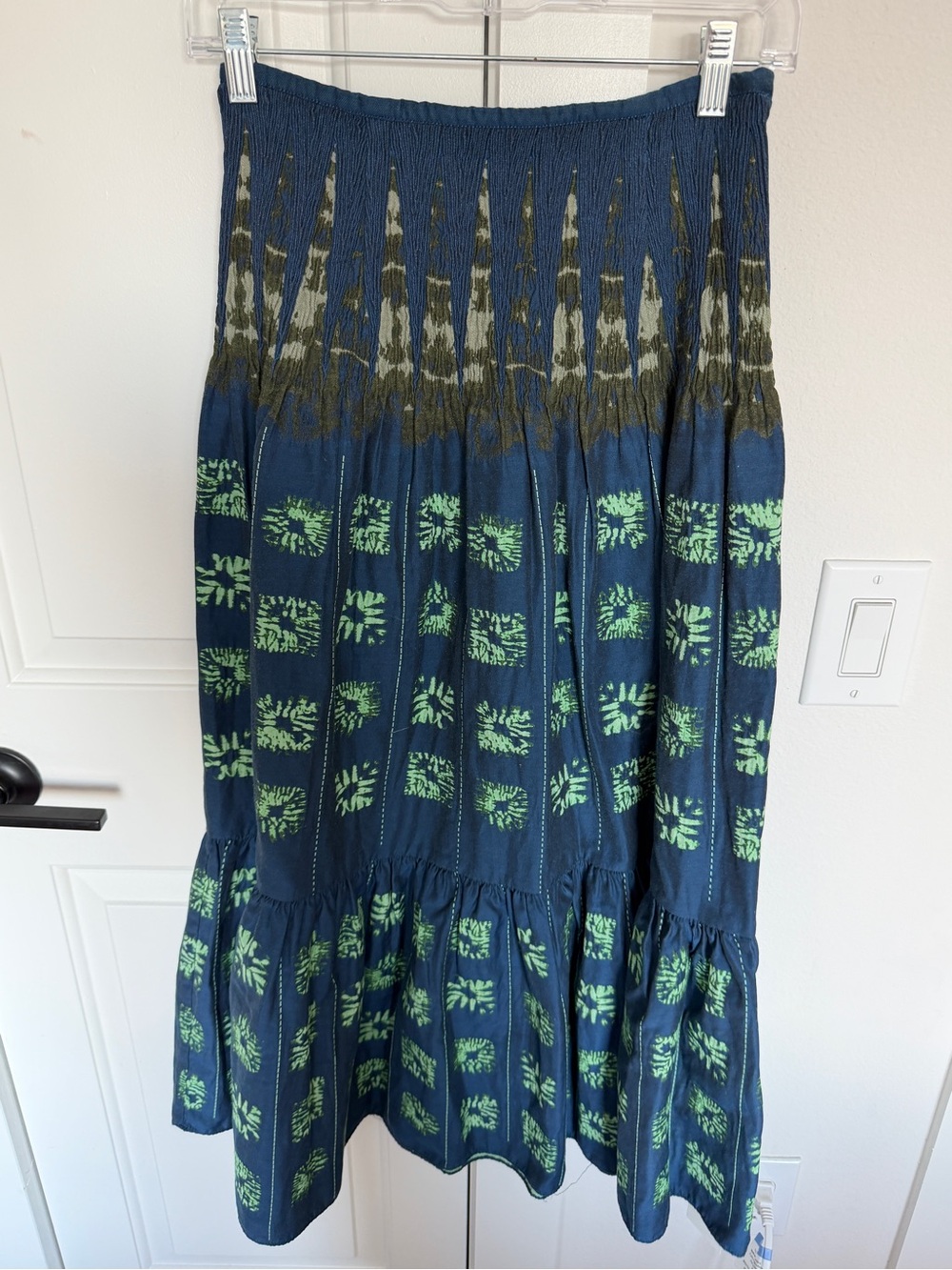 Hunter Bell Navy Blue Smocked Waist Maxi Skirt with Green Leaf Print